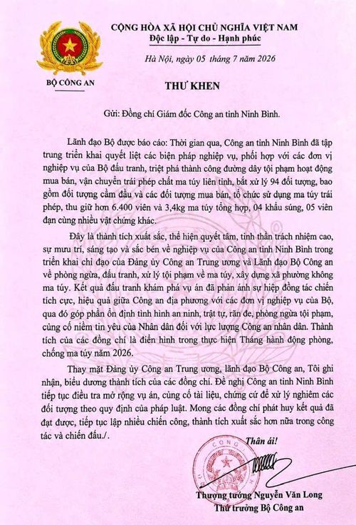 Lãnh đạo Bộ Công an gửi Thư khen, biểu dương Công an tỉnh Ninh Bình vì đã có thành tích đặc biệt xuất sắc trong đấu tranh phòng, chống tội phạm ma túy.