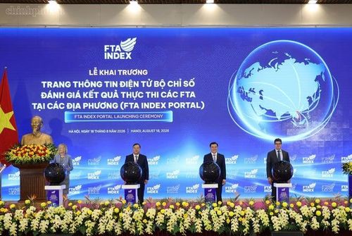  Phó Thủ tướng Thường trực cùng các đại biểu thực hiện nghi thức khai trương Trang thông tin điện tử Bộ chỉ số đánh giá kết quả thực thi các FTA tại các địa phương - Ảnh: chinhphu.vn. 