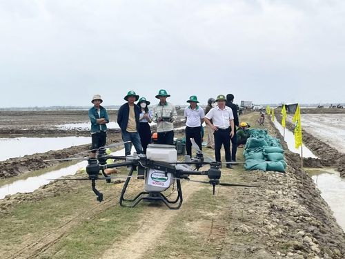 Bà con nông dân ở Quảng Trị dùng thiết bị bay không người lái để phun thuốc sâu, bón phân, làm vụ lúa trong sản xuất nông nghiệp.