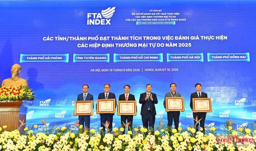05 tỉnh, thành được khen thưởng vì có thành tích trong việc đánh giá kết quả thực hiện các FTA năm 2025. Ảnh: BCT