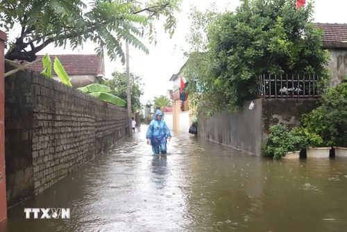 Tuyến đường liên xóm tại Đồng tháng 5 (xóm Hải Bắc và Quyết Thành cũ, xã Diễn Châu) ngập sâu, biến đường thành sông. (Ảnh: Xuân Tiến/TTXVN)