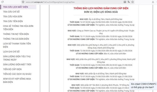 Lịch ngừng cấp điện tại Đồng Nai ngày mai 21/8 được cập nhật trên website của EVNSPC lúc 14h50 ngày 20/8. Ảnh: BNEWS phát