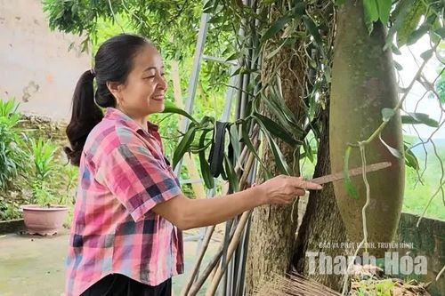 Chị Bùi Thị Hiệp giới thiệu về chiếc kẻng báo lũ.