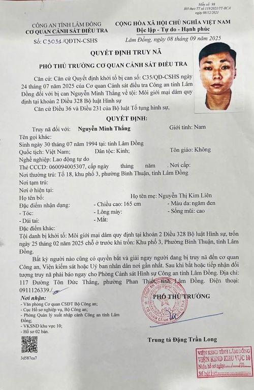 Quyết định truy nã đối với Nguyễn Minh Thắng
