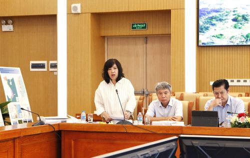 Bà Trần Thu Hằng, Vụ trưởng Vụ Quy hoạch - Kiến trúc đóng góp ý kiến để hoàn thiện quy hoạch chung đô thị Khánh Hòa.