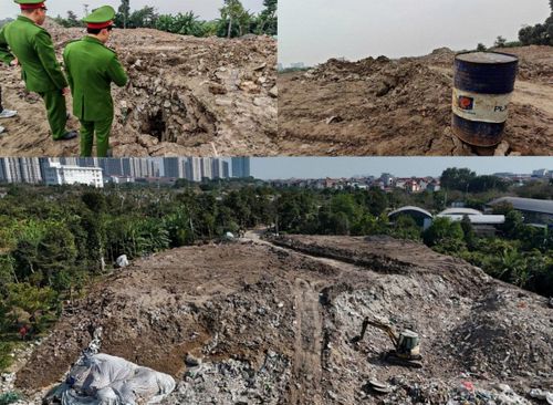 Lực lượng chức năng phát hiện dấu hiệu đổ, lấp trái phép chất thải rắn thông thường (trạc thải xây dựng) tại khu đất nông nghiệp nằm cạnh nhà vườn Bảo Vy Garden, đường Lý Thánh Tông, xã Bát Tràng. Ảnh CAHN
