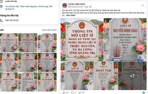 Những bia mộ được chính quyền xã Ba Lòng thiết kế đưa lên mạng xã hội với mong muốn người thân của liệt sĩ có thể tìm thấy