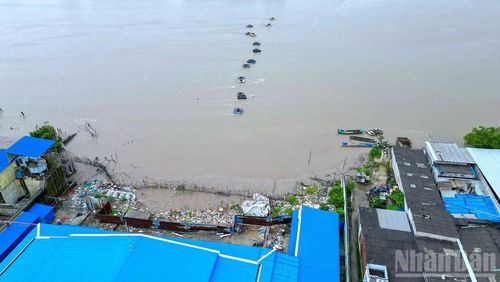 Cận cảnh một khu vực dân cư đông đúc và nhà máy thủy sản ven sông Gành Hào đoạn qua ấp Canh Điền bị sạt lở nghiêm trọng từ năm 2023. (Ảnh: HỮU TÙNG)