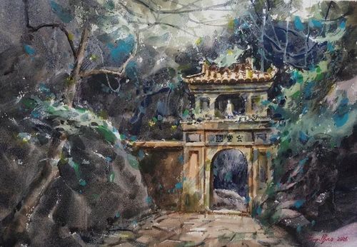 Tác phẩm "Cổng chùa Tam Thai" (Huỳnh Quốc Bảo). Ảnh: Trung tâm XTDL Đà Nẵng