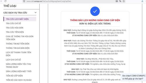 Lịch ngừng cấp điện tại Cần Thơ ngày mai 22/8 được cập nhật trên website của EVNSPC lúc 08h05 ngày 21/8. Ảnh: BNEWS phát