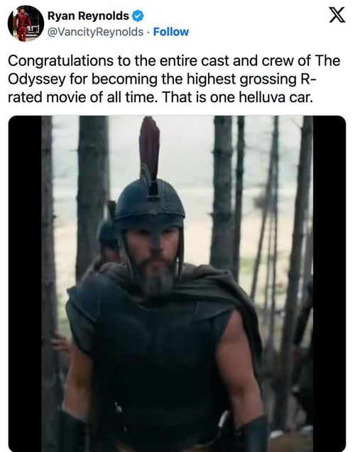 Ryan Reynolds gửi lời chúc mừng ê-kíp The Odyssey sau khi bom tấn vượt Deadpool & Wolverine về doanh thu. Ảnh: Chụp màn hình