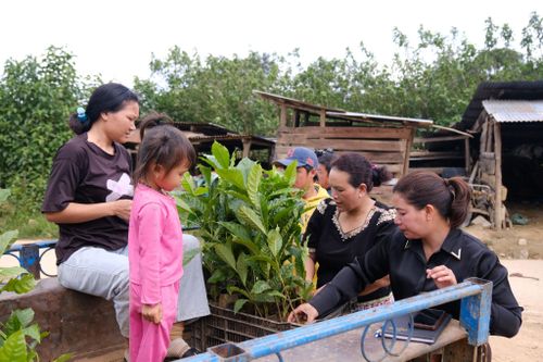 Bà Cil Ka Hạnh (thứ 2 từ phải sang) thường xuyên vận động, hướng dẫn người dân thôn Tân Hạ chuyển đổi sản xuất hiệu quả