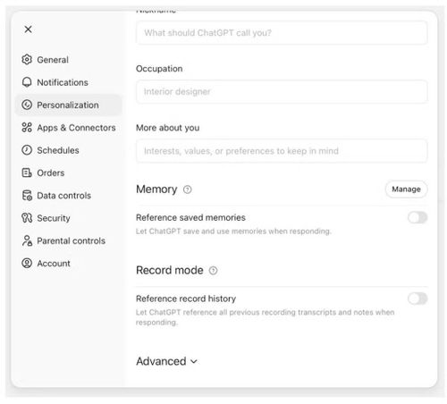 Để tắt tính năng ghi nhớ trên ChatGPT, có thể vào Settings, chọn Personalization, sau đó tắt Memory và Record Mode