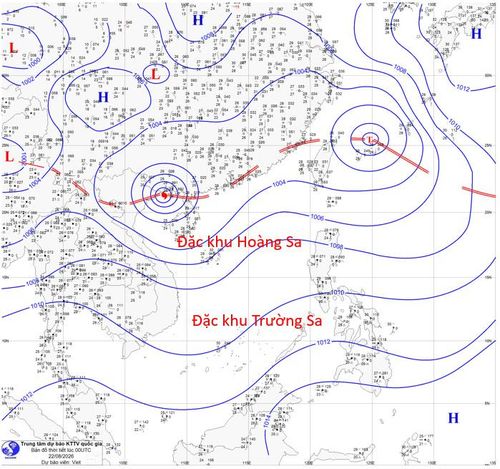 Bão số 4 đang hoạt động trên một dải hội tụ nhiệt đới có trục đi qua khu vực Bắc Bộ và vùng biển phía bắc Vịnh Bắc Bộ. Nguồn: Trung tâm Dự báo khí tượng thủy văn quốc gia