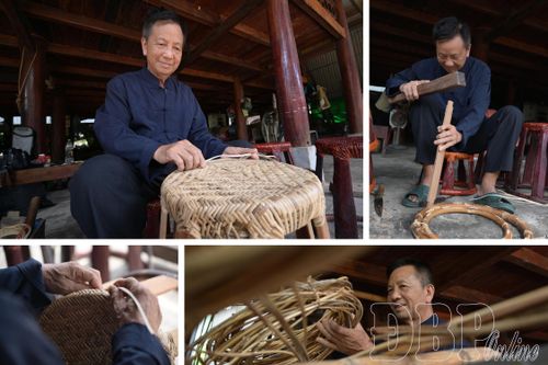 Ông Điêu Văn Sính ngày ngày cần mẫn làm nên những chiếc ghế mây tre đan truyền thống.