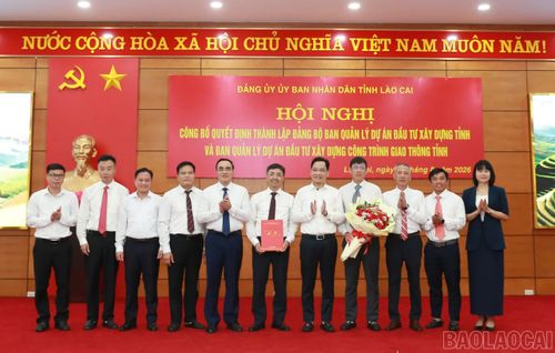 Đồng chí Nguyễn Hữu Long - Phó Bí thư Đảng ủy UBND tỉnh trao quyết định thành lập Đảng bộ Ban Quản lý dự án đầu tư xây dựng tỉnh Lào Cai.
