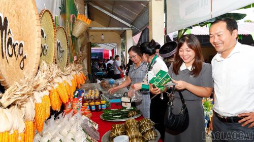 Không gian trưng bày sản vật xã Nậm Xé thu hút sự quan tâm của đại biểu và du khách.