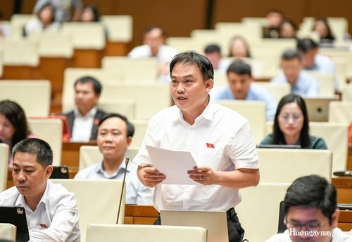 Đại biểu Nguyễn Thanh Xuân, Phó Giám đốc Bệnh viện Trung ương Huế tham gia thảo luận về cơ chế, chính sách đối với dự án xây dựng khu đô thị lấn biển để tích hợp vào dự án Luật Phát triển đô thị. Ảnh: Đoàn ĐBQH thành phố cung cấp