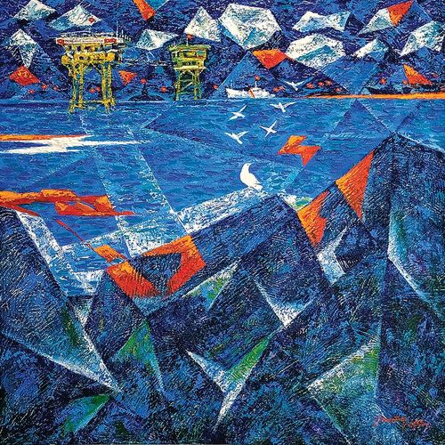 Tác giả Phan Thái Hoàng với tác phẩm “Trường Sa ngày và đêm” (Acrylic và Sơn dầu).