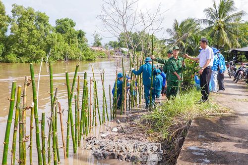 Ông Bùi Minh Hải, Phó Chủ tịch Uỷ ban MTTQ Việt Nam tỉnh Cà Mau, thăm hỏi, động viên lực lượng tình nguyện tham gia thực hiện công trình kè chống sạt lở tuyến kênh Chà Là thuộc ấp Hương Mai, xã U Minh.