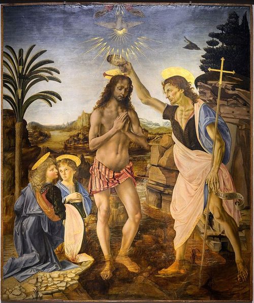  Tác phẩm Chúa Jesus rửa tội được vẽ bởi danh họa Andrea del Verrocchio và học trò tài năng của ông là Leonardo da Vinci vào khoảng năm 1472-1475. Ảnh: wikipedia. 