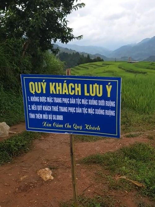 Một số người dân cắm biển thu thêm phí khi du khách xuống ruộng tại đồi Móng Ngựa chụp ảnh với trang phục dân tộc, gây tranh cãi. Ảnh: Nga Thích Núi.