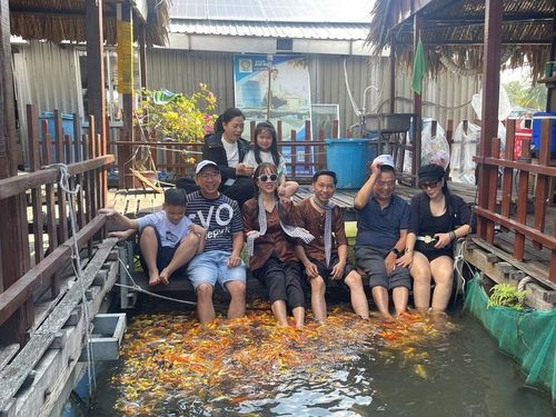 Du khách trải nghiệm "mát xa cá" độc đáo tại Cồn Sơn (Cần Thơ) - Ảnh: Vietravel chi nhánh Cần Thơ