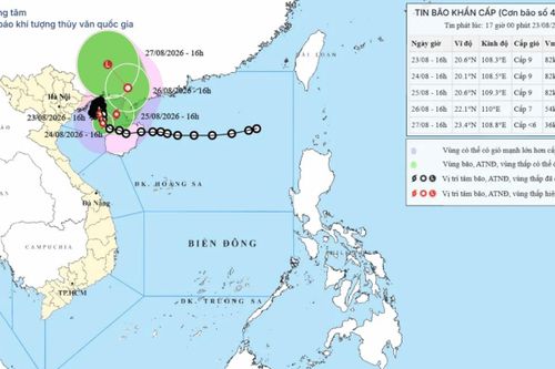 Bão số 4 đang di chuyển trên vùng biển phía Đông Bắc đặc khu Bạch Long Vĩ, sức gió mạnh giật cấp 10-11. (Bản đồ dự báo quỹ đạo và cường độ bão lúc 17h00 ngày 23/8/2026).