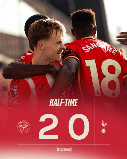 45 phút đầu khép lại với tỷ số 2-0 nghiêng về Brentford