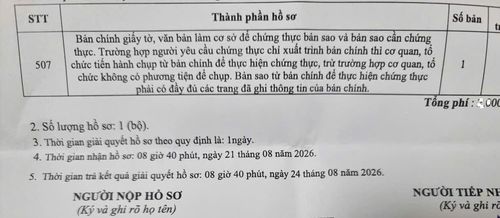Lịch hẹn trả lại hồ sơ sau 1 ngày tiếp nhận