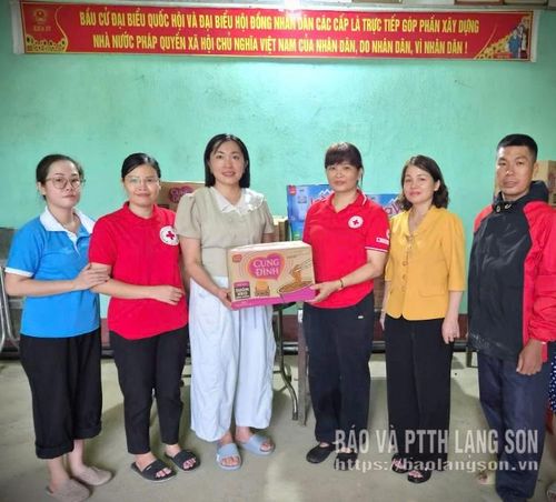 Lãnh đạo Ủy ban MTTQ Việt Nam tỉnh, Hội Chữ thập đỏ tỉnh trao quà cho đại diện UBND xã Tràng Định