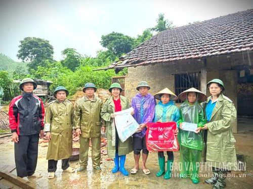 Đại diện Hội Chữ thập đỏ tỉnh, Hội Liên hiệp Phụ nữ tỉnh và UBND xã Quan Sơn trao quà hỗ trợ hộ dân bị ảnh hưởng nặng bởi mưa lũ tại xã Quan Sơn