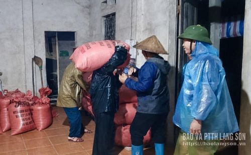 Lực lượng chức năng giúp dân di dời nông sản đến nơi an toàn