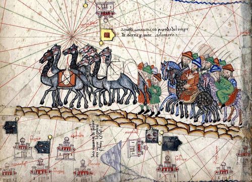  Tranh minh họa: Bản đồ Catalan, trích đoạn Marco Polo dọc Con đường Tơ lụa. Ảnh: National Bankof Belgium. 