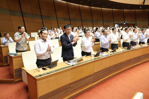  Bí thư Thành ủy TPHCM Trần Lưu Quang và các đại biểu đoàn TPHCM cảm ơn Quốc hội đã biểu quyết thông qua dự thảo Luật Phát triển đô thị, sáng 24-8. Ảnh: QUANG PHÚC 