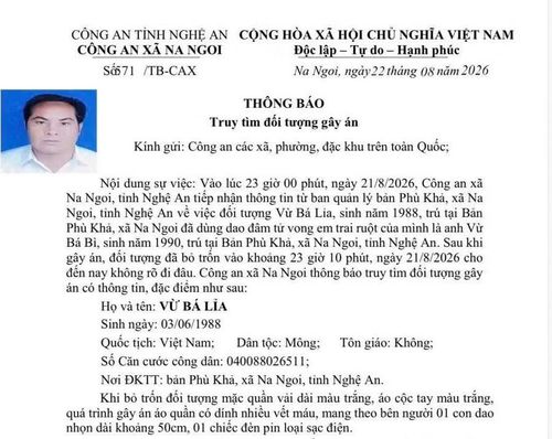 Công an xã Na Ngoi phát thông báo truy tìm Vừ Bá Lỉa để phục vụ điều tra vụ án. Ảnh: CA Na Ngoi