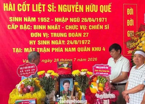  Ông Hùng cùng những người đồng đội năm xưa đứng trước hài cốt liệt sĩ Nguyễn Hữu Quế trong lễ mai táng tại quê nhà. 