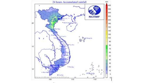 Bản đồ dự báo lượng mưa tích lũy 24 giờ.