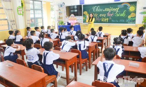 Học sinh lớp 1 Trường Tiểu học và Trung học cơ sở Nam Định - Điểm Trường Tiểu học Nguyễn Huệ, phường Thới Sơn làm quen với trường lớp trong ngày tựu trường.