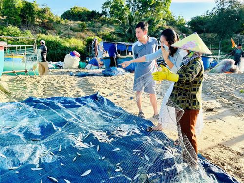 Du khách trải nghiệm xem ngư dân kéo lưới tại xã Hòa Thắng. Ảnh: Kiều Hằng