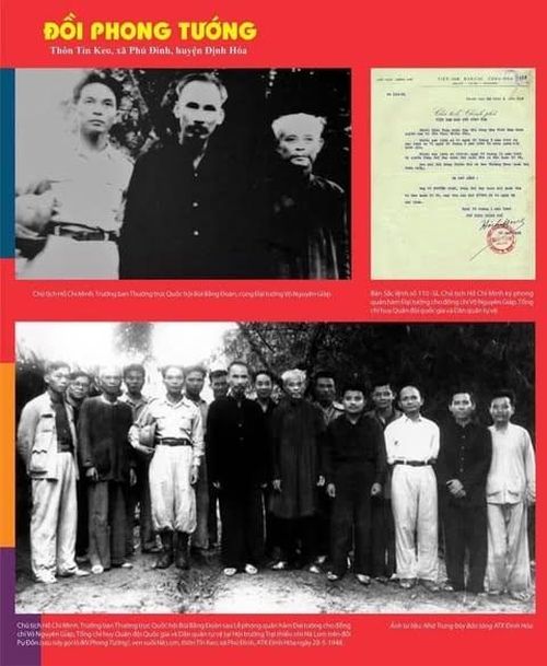 Chủ tịch Hồ Chí Minh chủ trì Lễ phong tướng cho Đại tướng Võ Nguyên Giáp. Ảnh chụp tại Nhà tưởng niệm Đại tướng Võ Nguyên Giáp, Di tích Đồi Phong tướng. Ảnh: Thành Đô.