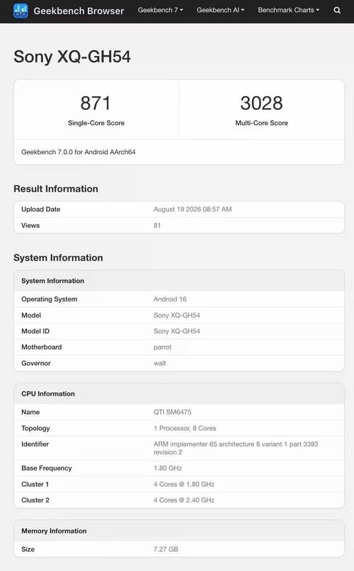 Kết quả benchmark thể hiện các thông số của mẫu smartphone Sony tầm trung.