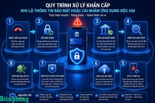 Sơ đồ hướng dẫn các bước xử lý khẩn cấp khi người dùng lỡ để lộ thông tin bảo mật tài khoản ngân hàng hoặc cài nhầm ứng dụng chứa mã độc vào thiết bị. Đồ họa: Thái Bình