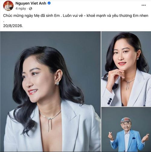 NSND Việt Anh thoải mái thể hiện tình cảm với vợ trẻ. Ảnh: Chụp màn hình FBNV