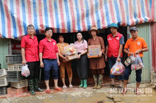 Lãnh đạo Hội Chữ thập đỏ tỉnh, lãnh đạo xã Thất Khê cùng các đoàn thiện nguyện trao hỗ trợ nhu yếu phẩm cho người dân