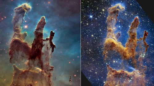 Cột trụ Sáng Thế, ảnh chụp từ Hubble và James Webb đặt cạnh nhau. Ảnh: NASA