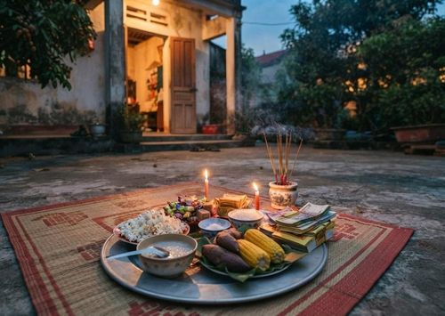 Mâm cúng chúng sinh ngoài trời ngày rằm tháng 7. (Ảnh: IG)