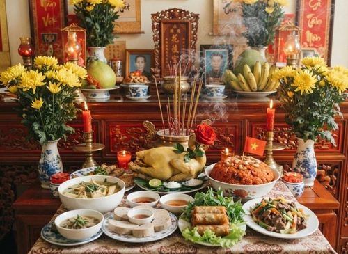 Mâm cúng gia tiên ngày rằm tháng 7. (Ảnh minh họa: AI)