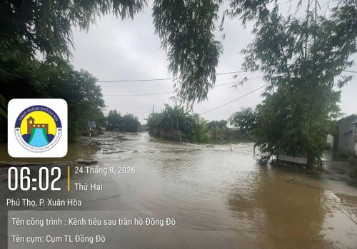 Ghi nhận tình hình ngập úng tại khu vực Kênh tiêu sau tràn hồ Đồng Đò xã Kim Anh. Ảnh: Ban Chỉ huy Phòng thủ dân sự xã Kim Anh.