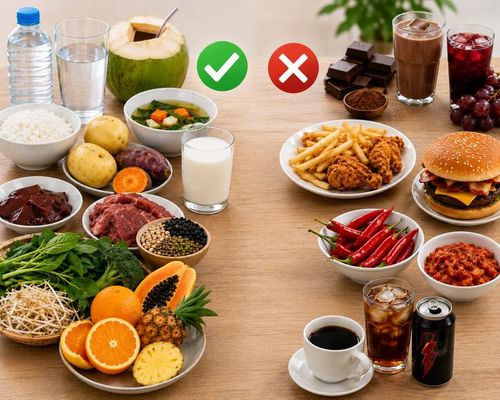 Một số thực phẩm nên ăn và nên tránh khi bị sốt xuất huyết. Ảnh minh họa AI